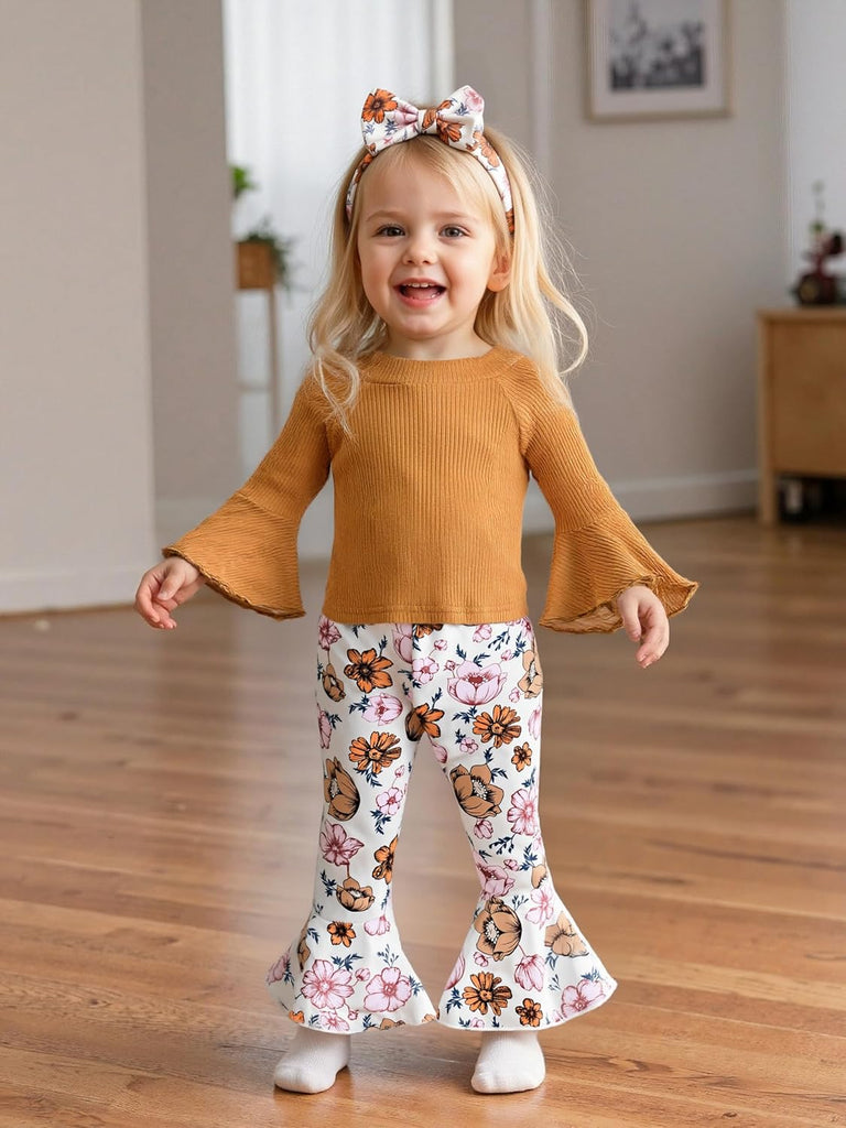 Toddler Little Girls Long Flare Sleeve Tops Bell Bottom Pants Outfit with Headband