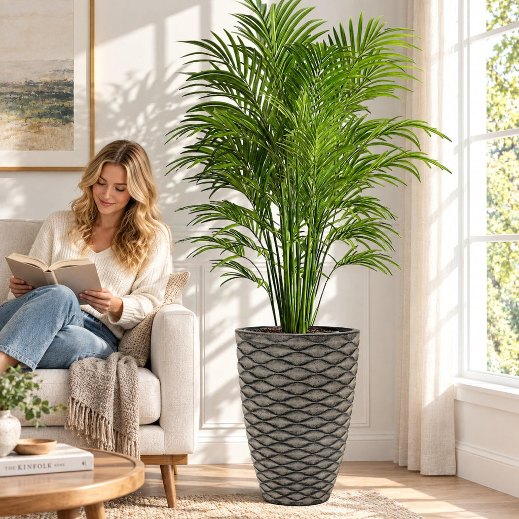 Autodaya 20" Tall Outdoor Planters Set of 2 Plant Pots, Black Wavy Texture