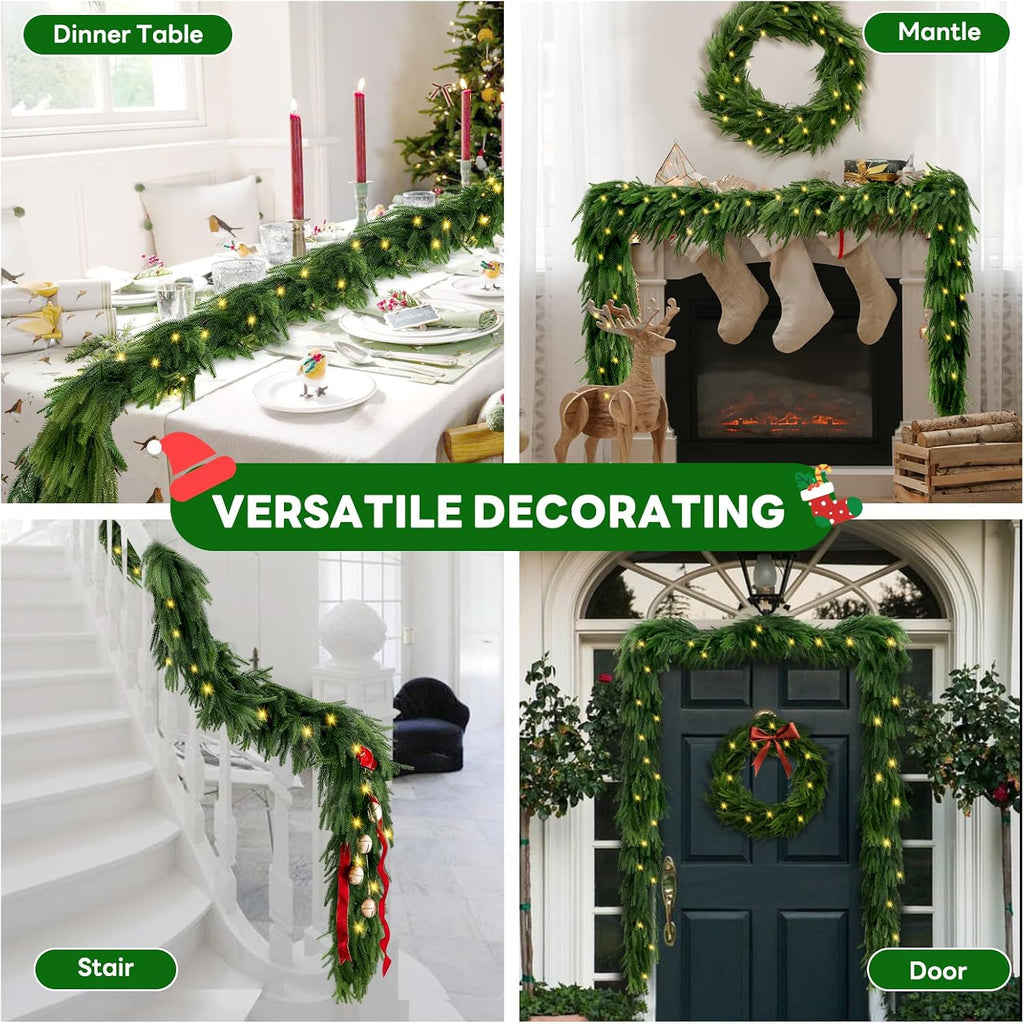 9 FT Artificial Norfolk Pine Garlands with Lights, Pre-Lit Christmas Garland, Real Touch Pine Artificial Faux