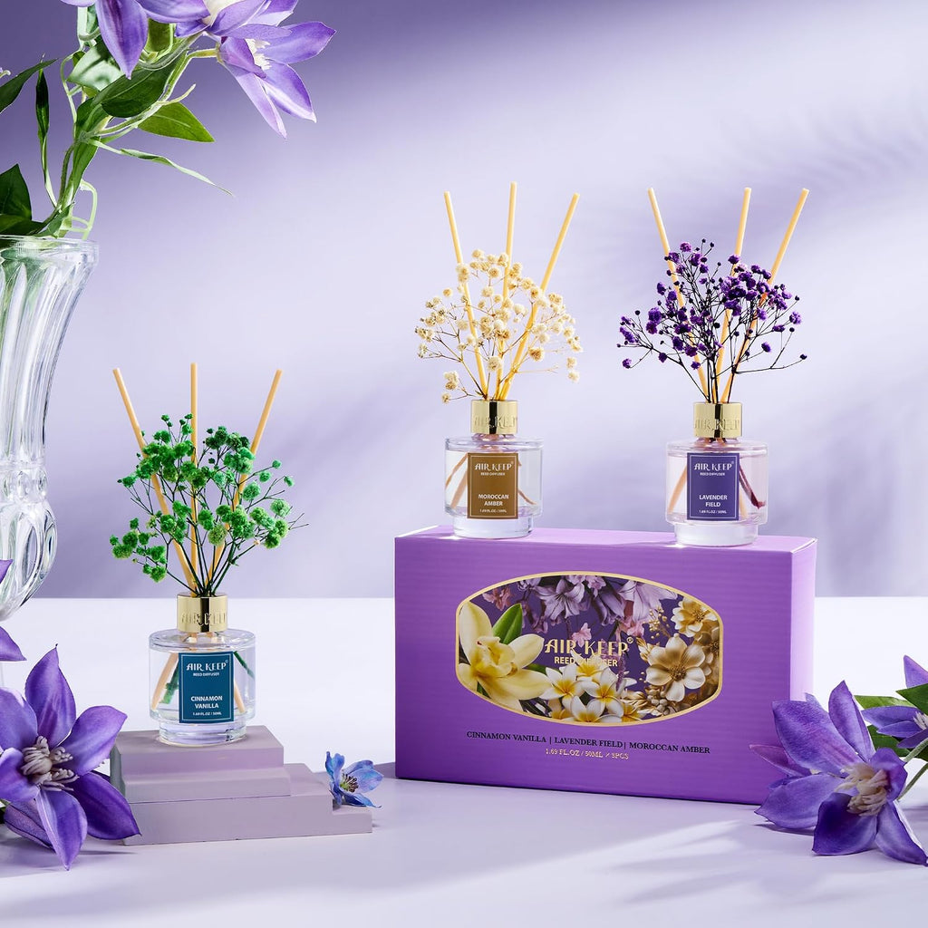 Reed Diffuser, Cinnamon Vanilla Lavender Field Moroccan Amber Oil Reed Diffusers Living Room Office - Set of 3