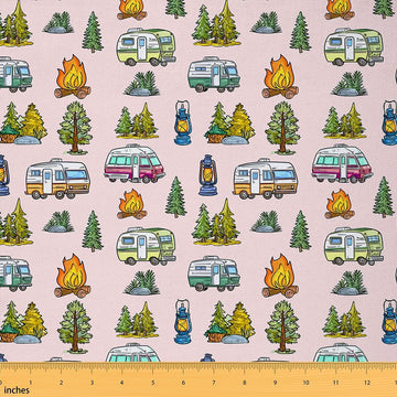 Vintage Pink Camper Fabric by The Yard Rustic Camping Trailer Upholstery Fabric Camping Tree Theme Soft Flannel
