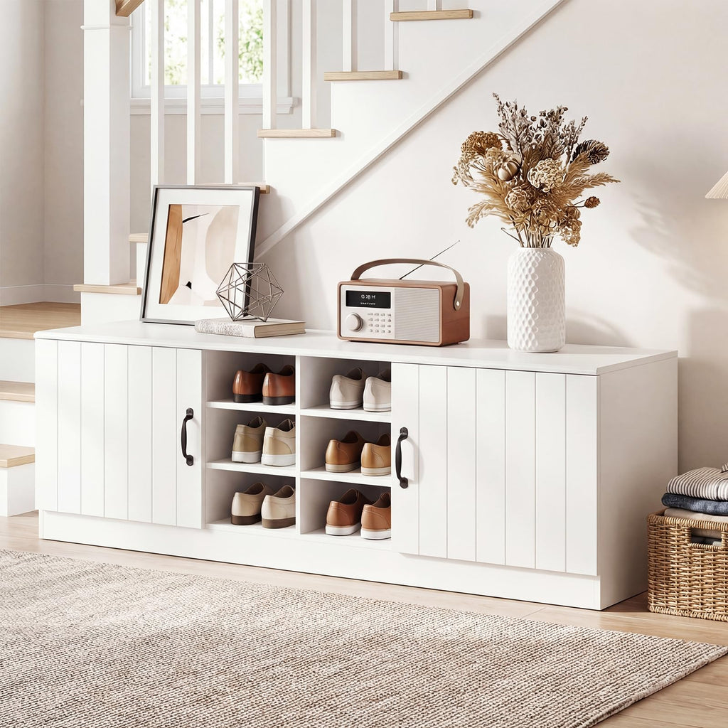 2-Door Shoe Storage Bench, Wooden Entryway Bench with Storage, Adjustable Shelves & 6 Compartments, Modern Shoe