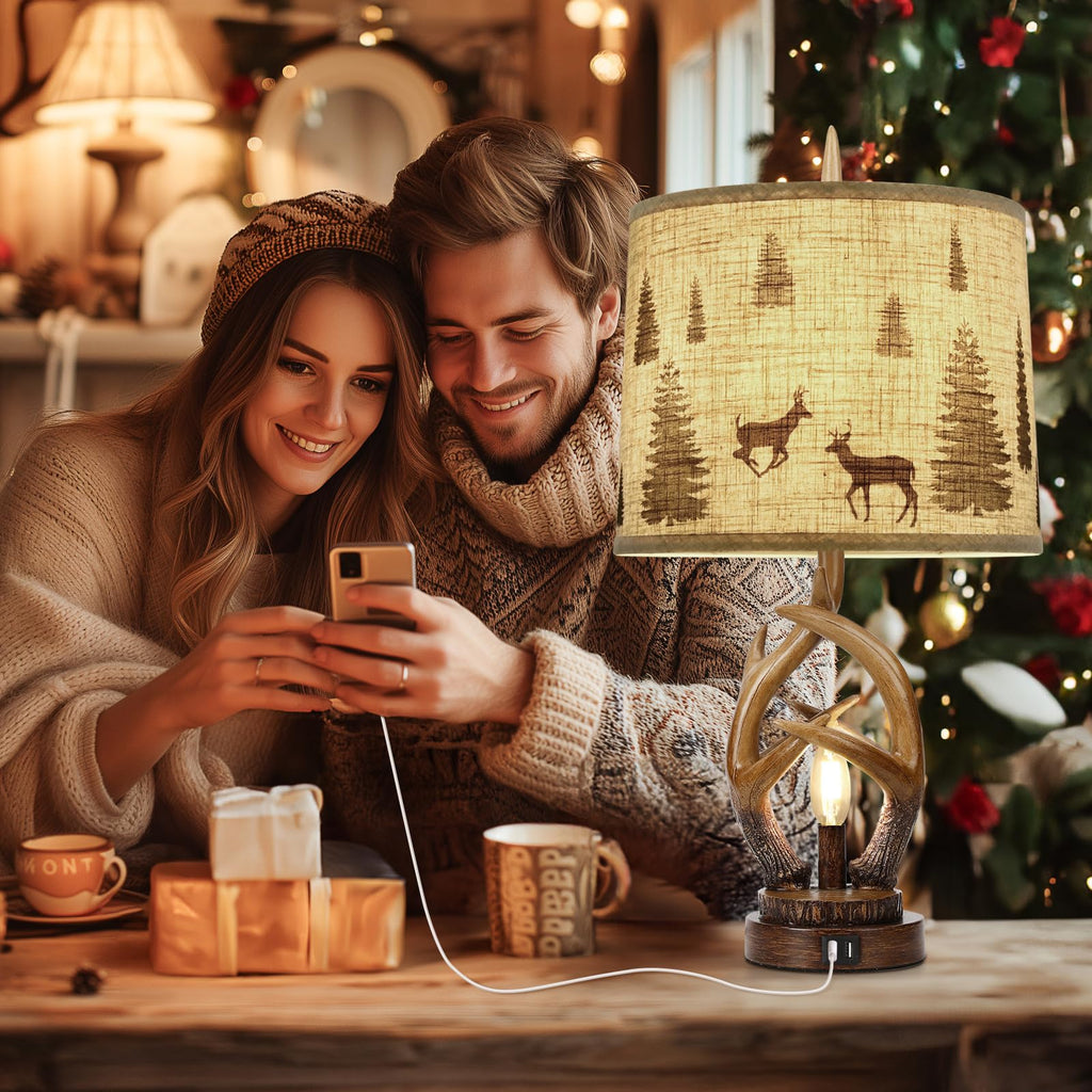 Rustic Farmhouse Antlers Table Lamp Set of 2 with Night Light