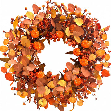 Fall Wreath 26 Inch Fall Wreaths for Front Door Autumn Pumpkin Wreaths with Orange Eucalyptus Leaves and Berries for