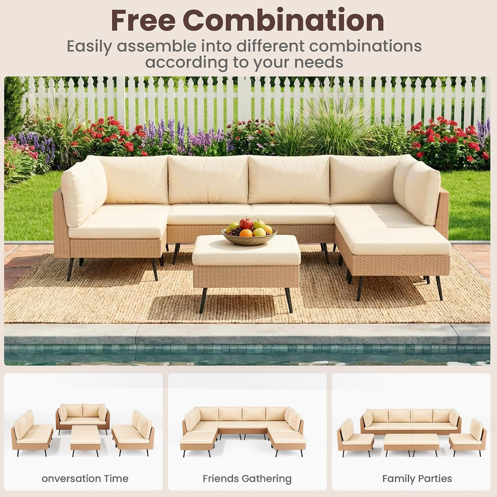 8-Piece Wicker Outdoor Furniture Set, All-Weather Patio Conversation Set with Thick Cushions & 2 Multi-Use Ottomans