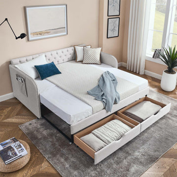 80.5" Daybed with Drawer, Modern Button Tufted Linen Day Bed with Trundle Bed Twin to King, Upholstered Daybed Frame