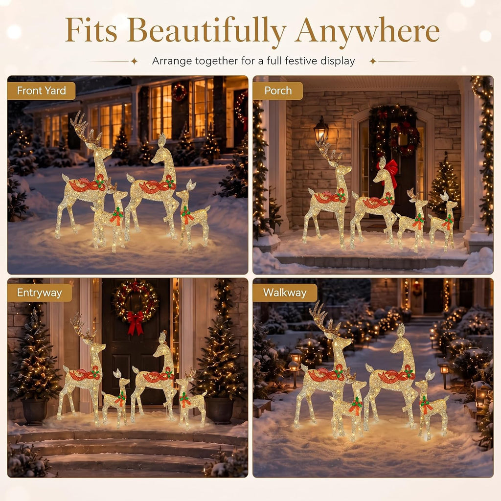 58" 4-Piece 3D Lighted Christmas Deer Family Outdoor Decorations, Large Gold Reindeer Set with 188 Warm White Lights