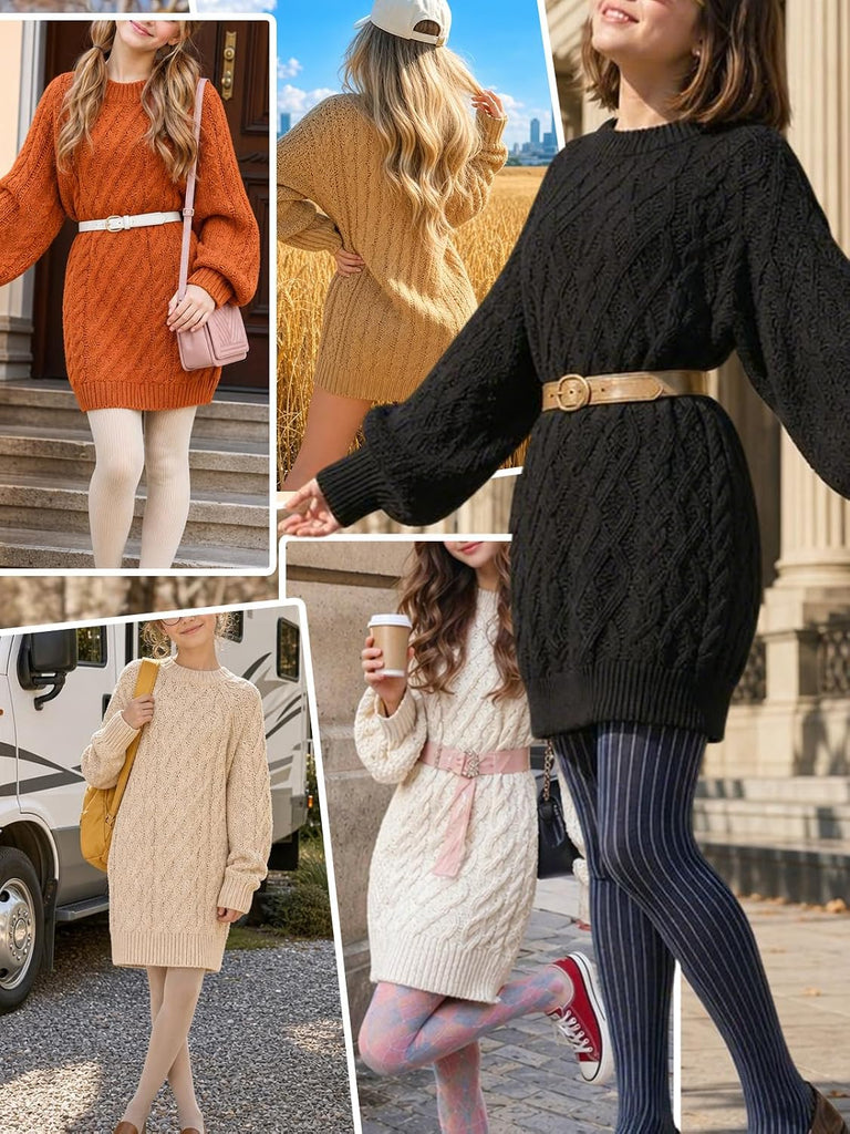 Girls Cable Knit Sweater Dress Crew Neck Long Sleeve Casual Teen Tween Pullover Fall Winter Dresses Loose Outfits