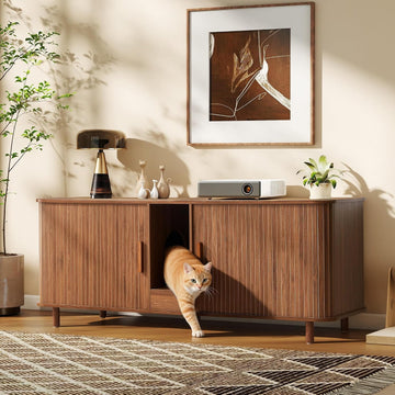 59" Wooden Hidden Double Cat Litter Box Enclosure Furniture