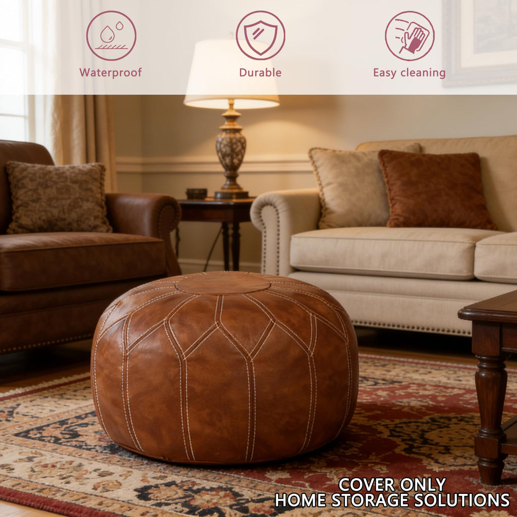 Unstuffed Moroccan Faux Leather Pouf Ottoman Cover with Storage - Boho Chic Multi-Use Footrest - Round Ethnic Floor