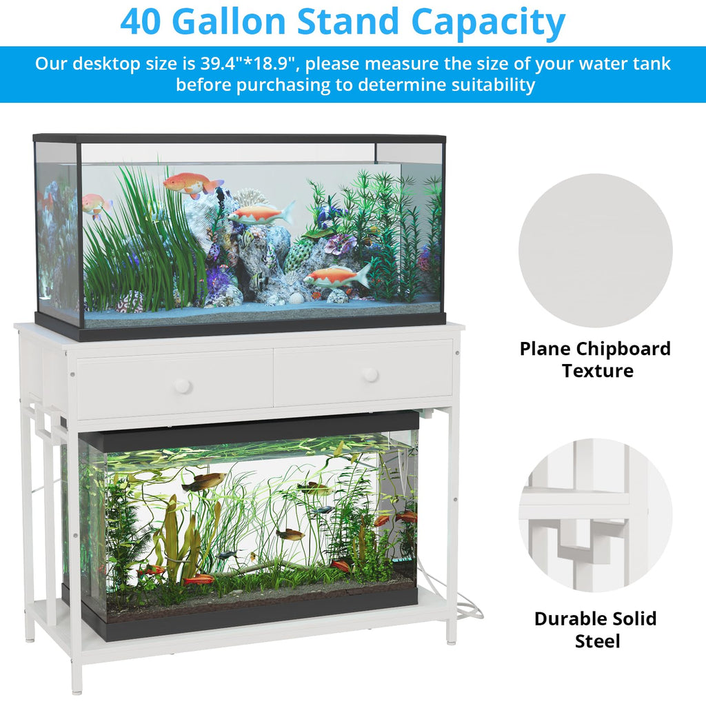 40 Gallon Aquarium Stand with Power Outlet & Cabinet Storage, White