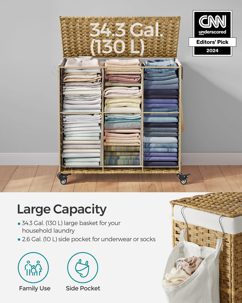 Rolling Laundry Hamper with Lid, 140 L Synthetic Rattan