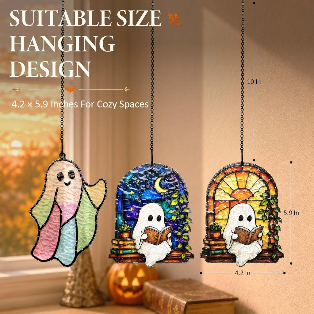 Ghost Reading Book Suncatcher Hanging Decor, Water-Ripple Acrylic Stained Glass Inspired Ornament, Decor for Reading