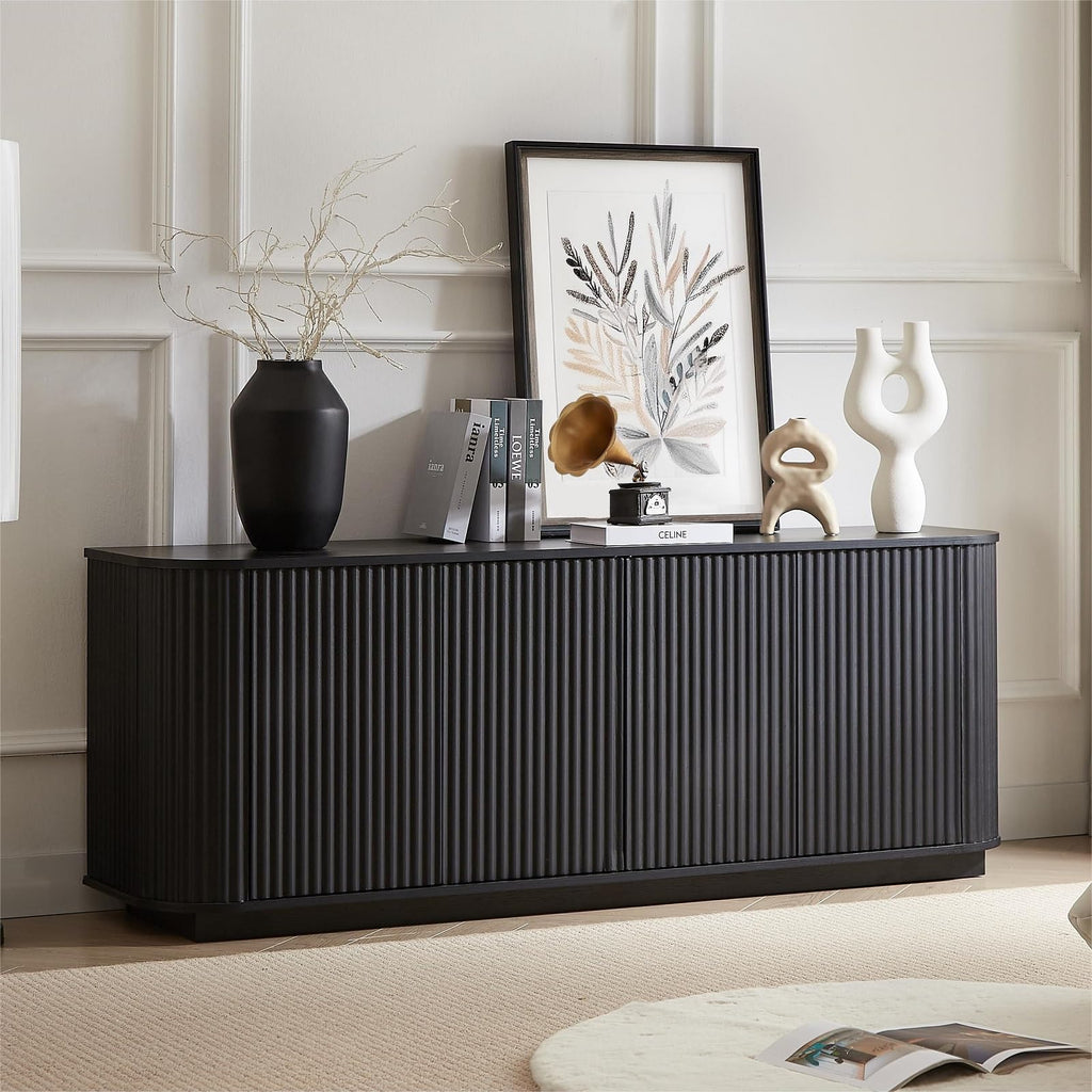 Fluted TV Stand for TVs Up to 75 Inch, Black Mid Century Modern TV Console, Entertainment Center with Storage, Wood