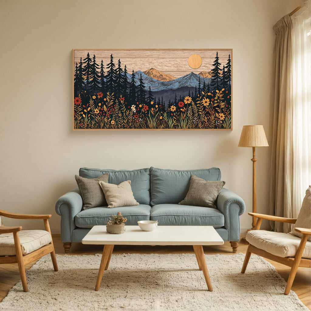 Mid Century Woodland Mountain Framed Canvas Wall Art Set, Vintage Natural Sunset Wildflower Forest Field