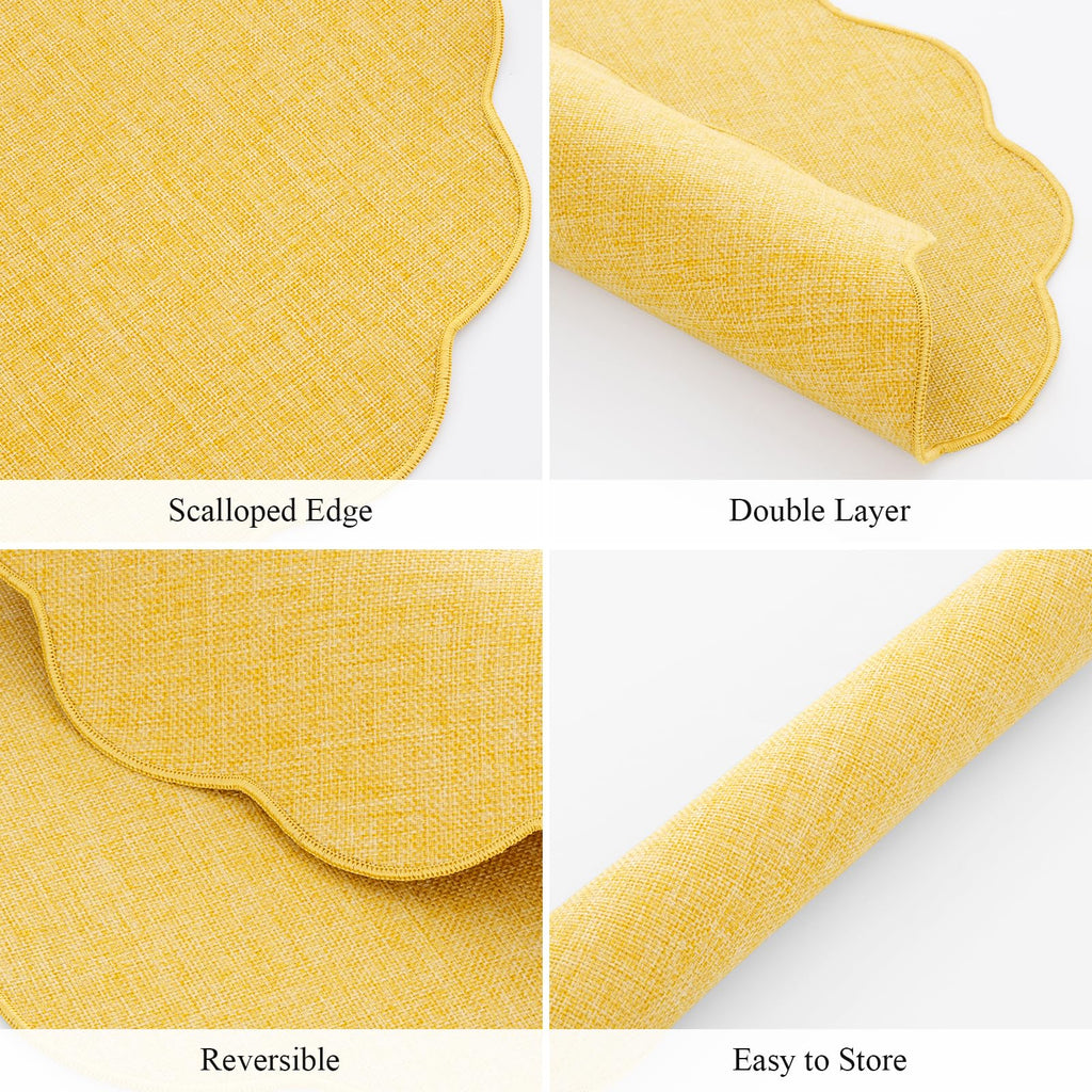 Yellow Round Scalloped Placemats Set of 4 Polyester Linen Blend