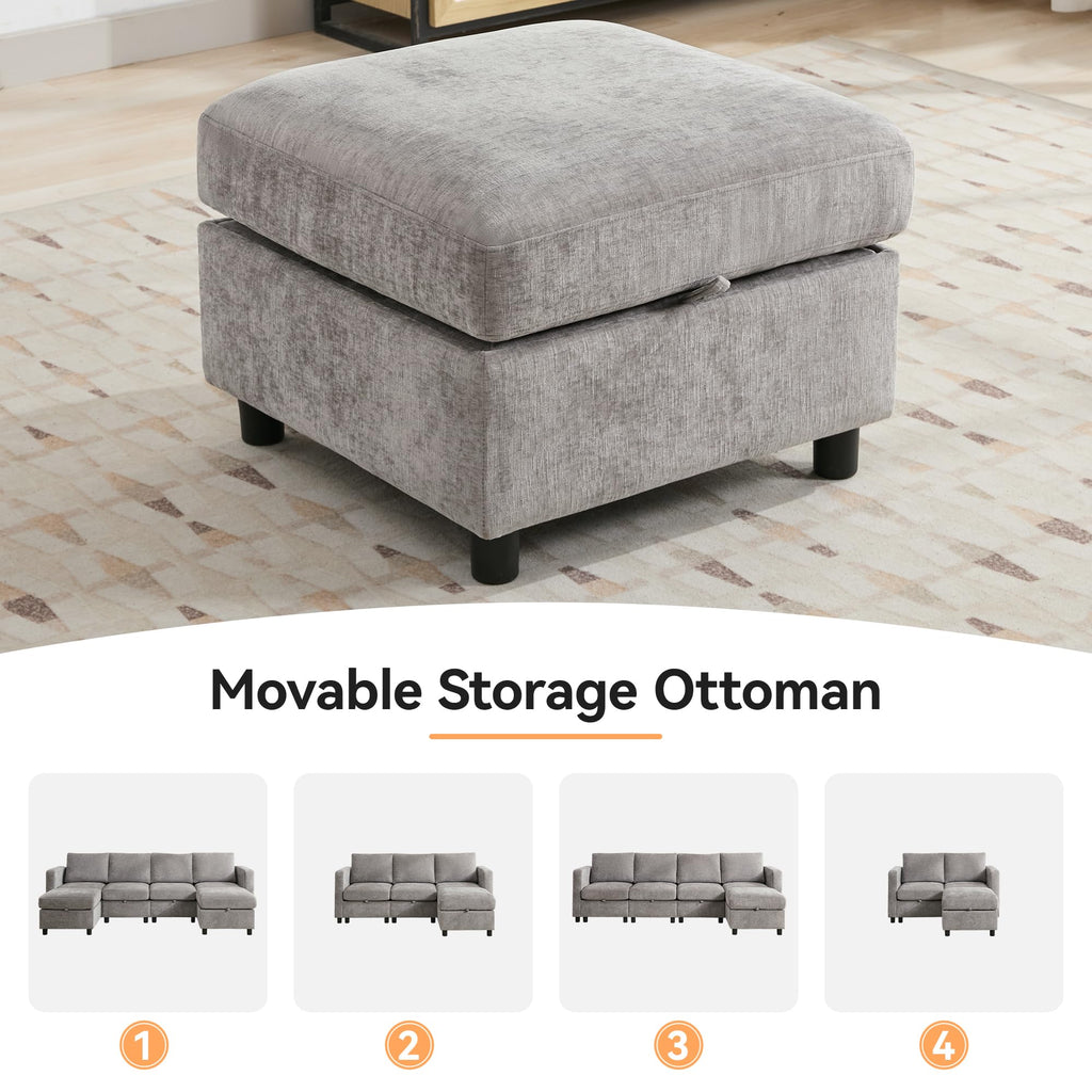 Modular Sectional Couch with Storage, 25'' Storage Sofa Ottoman, Light Grey