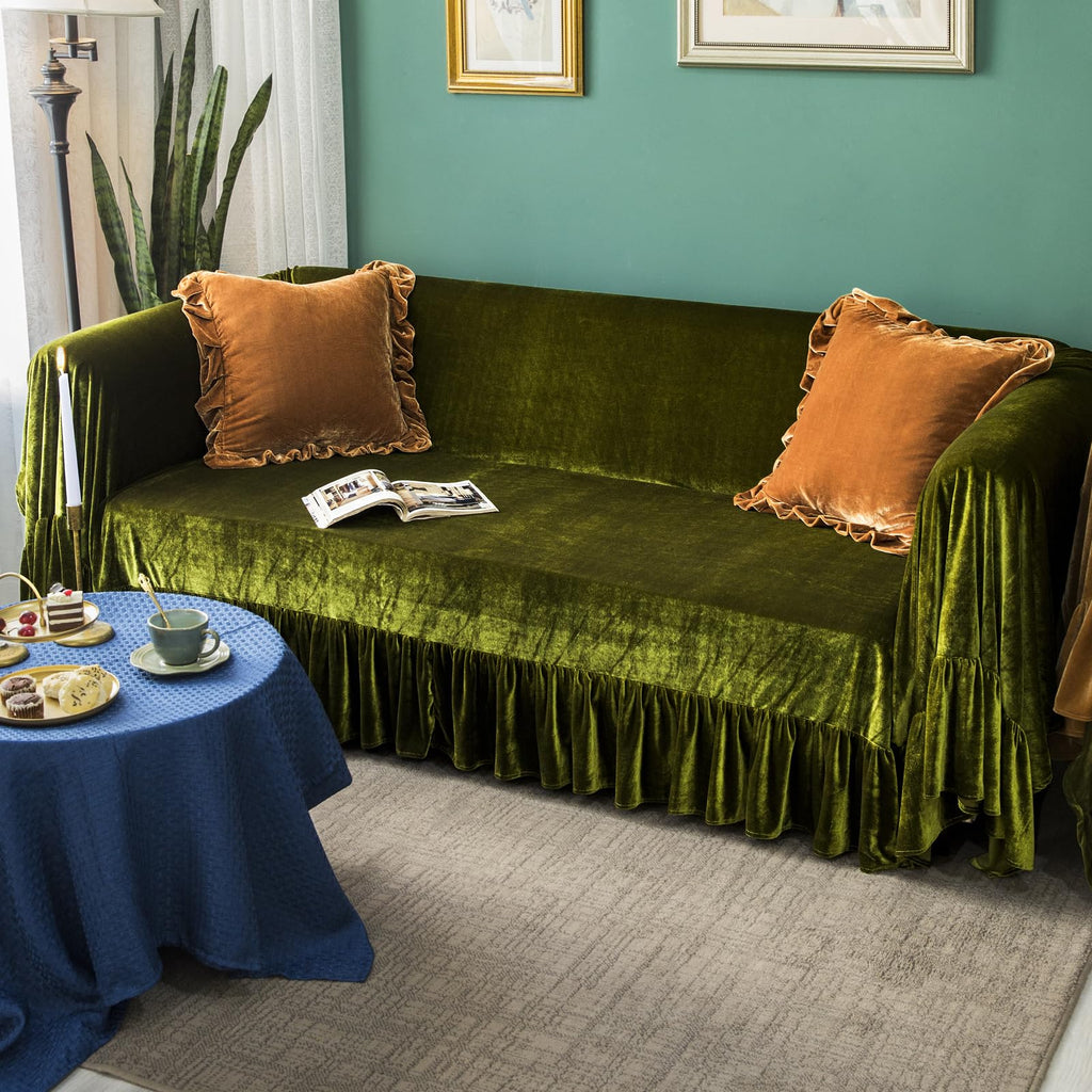 Velvet Sofa Cover Soft Decorative Luxurious Solid Exquisite Ruffle Trim, Retro Farmhouse Vintage Sofa Slipcover Couch