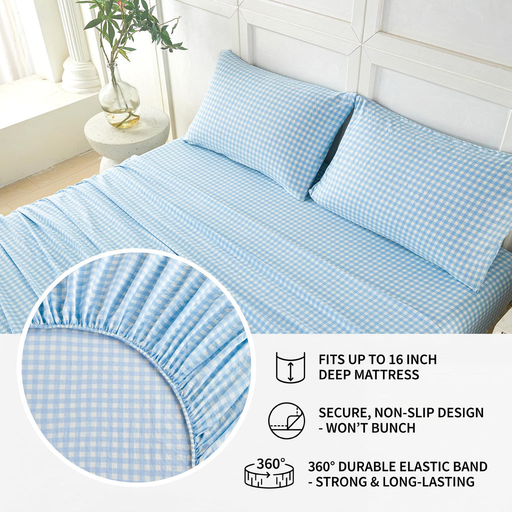 Light Blue Plaid Sheets 4-Piece Set Soft Brushed Microfiber Gingham Bed Sheets 16" Deep Pocket Coastal