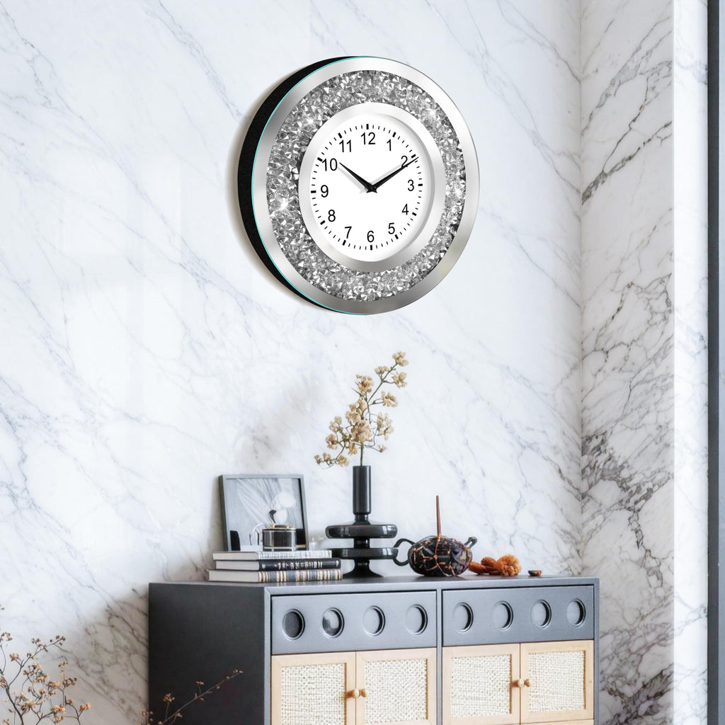 Crystal Crushed Diamond Mirrored Wall Clock Silent Clock for Wall Décor