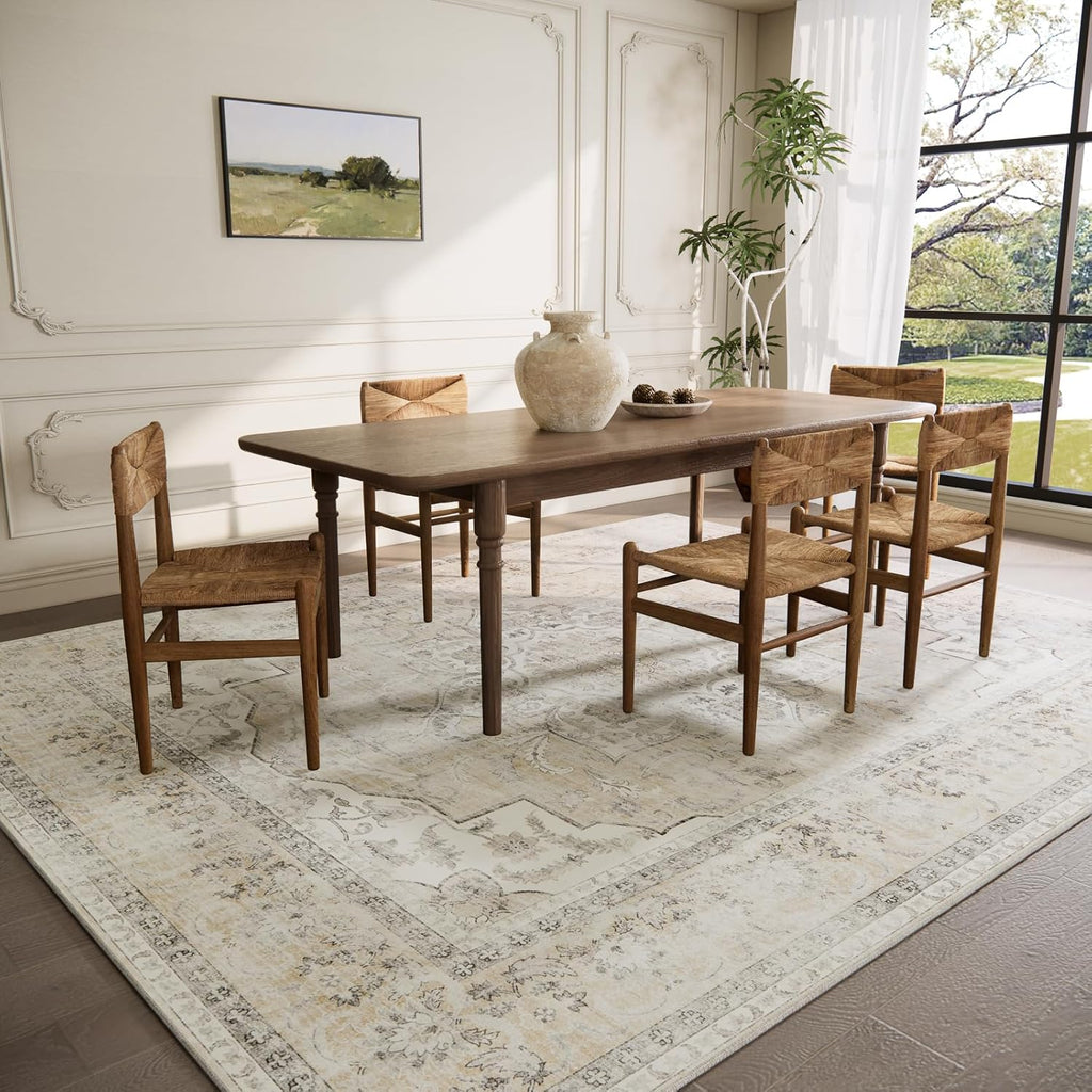 8x10 Area Rugs for Living Room: Washable Rug Non Slip Low Pile Soft Faux Wool Non Shedding Vintage Boho Large Carpet