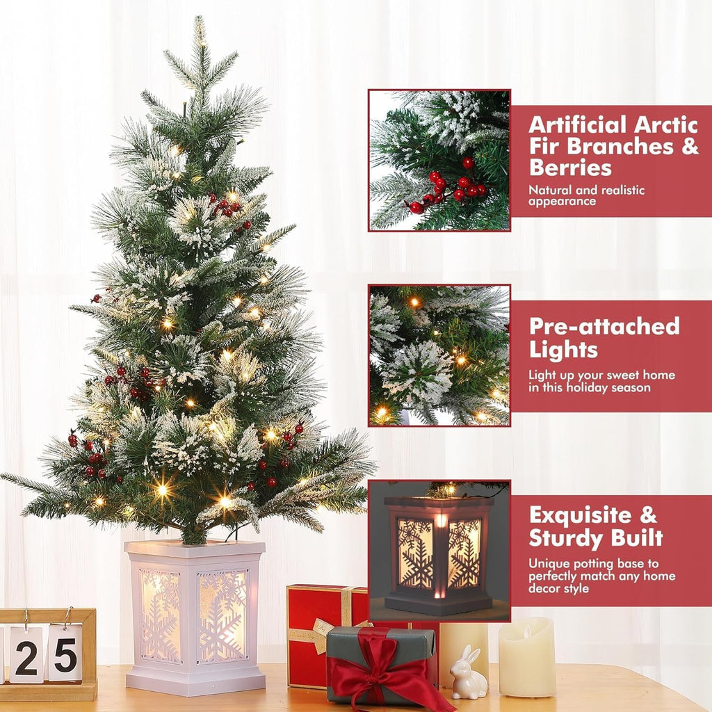 3Ft Pre-Lit Holiday Christmas Tree with Snowflake Base, Artificial Christmas Tree with Timer Function and 78 Led