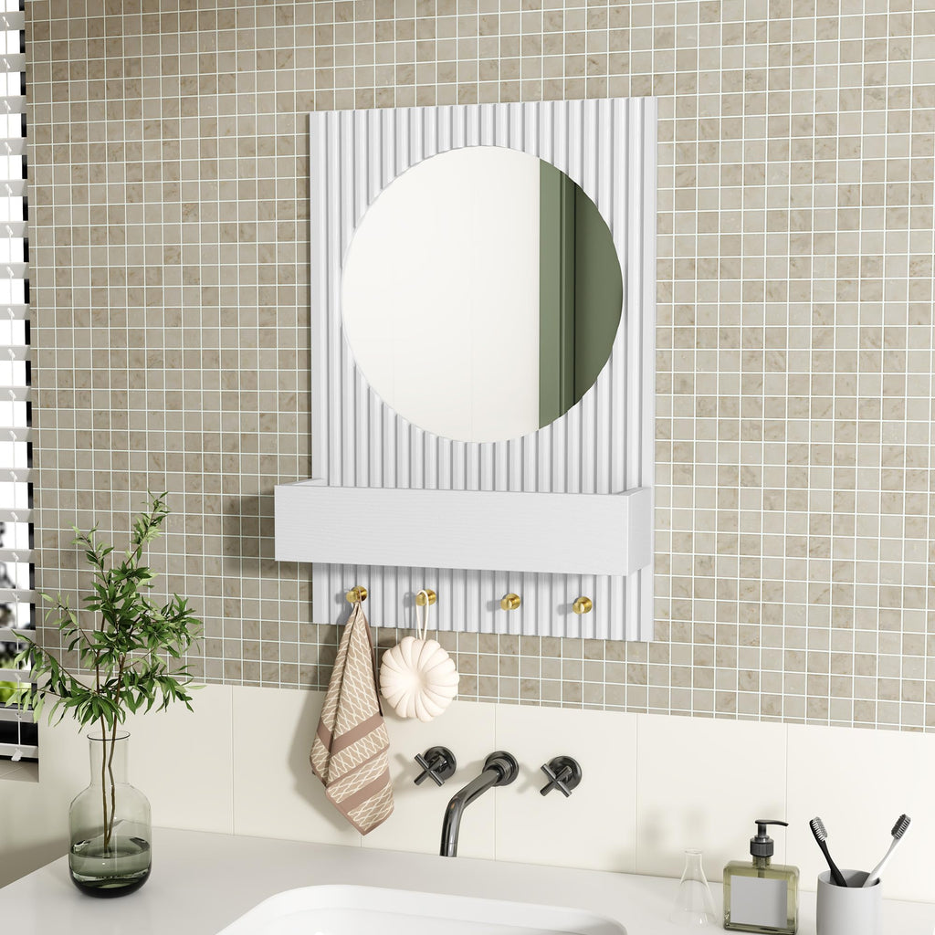 Wood Wall Mirror with Shelf&Hooks, 24"x16" White Wall-Mounted Mirrors with Streamlined Texture Hanging Decorative