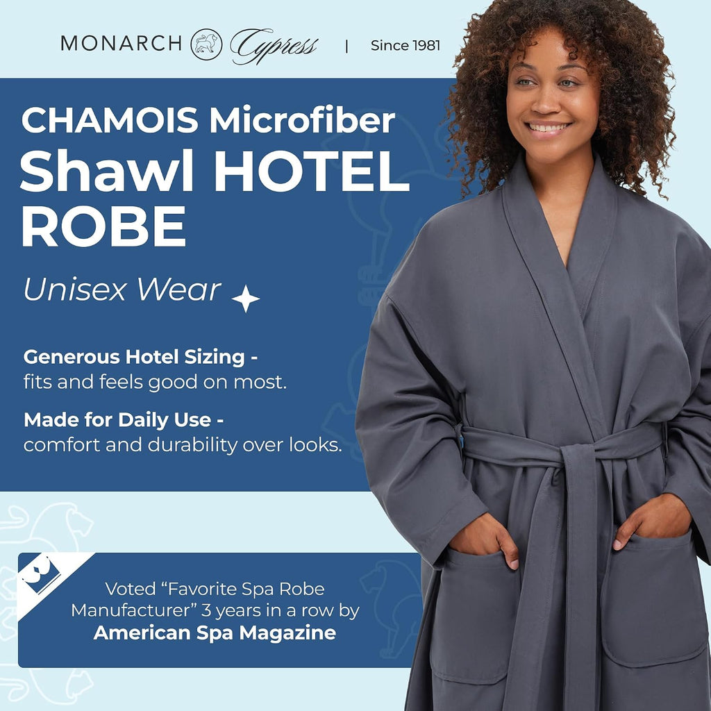 Unisex Chamois Microfiber Shawl Hotel Robe - Soft Lightweight Fabric, Generously Sized Hotel & Spa Robe with Pockets