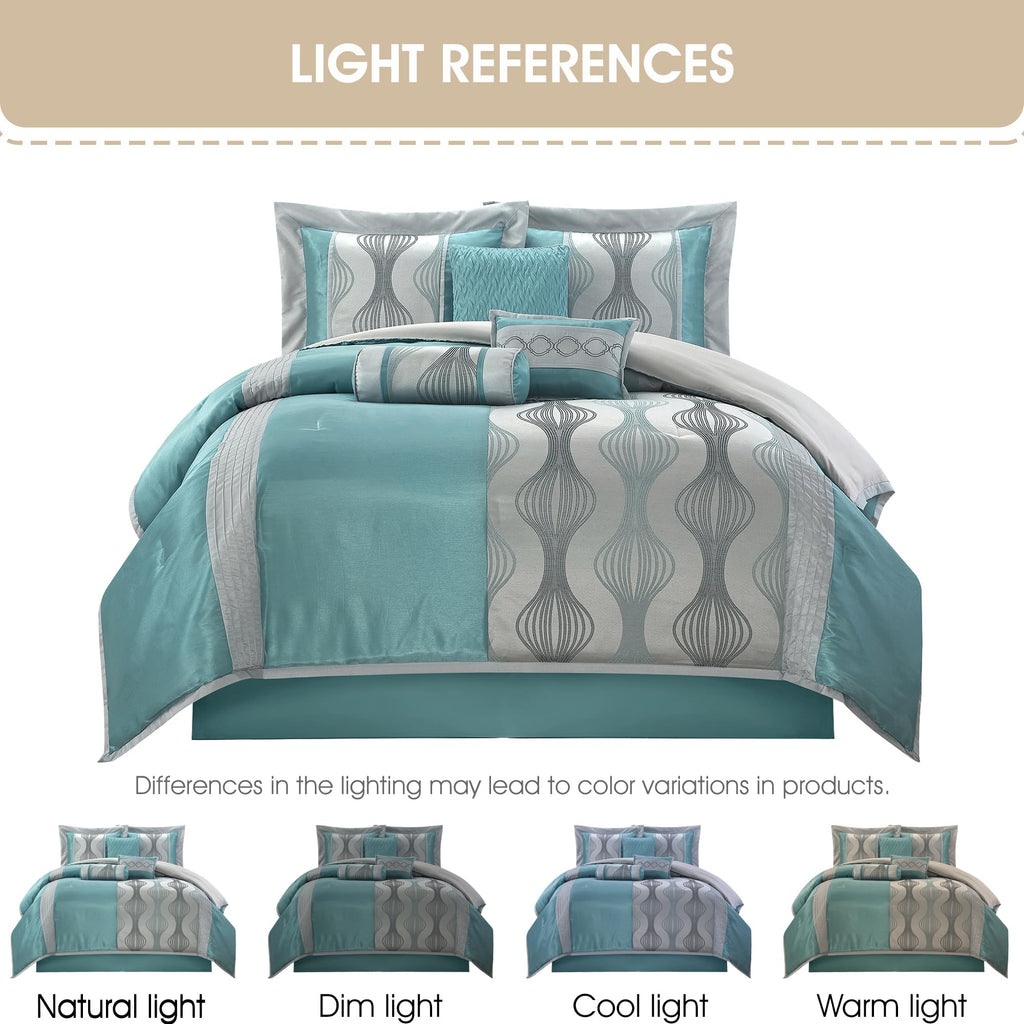 7 Piece Blue Comforter Set, King Size Jacquard Bedding Set, All Season Geometric Patchwork Bedding Set, Matching