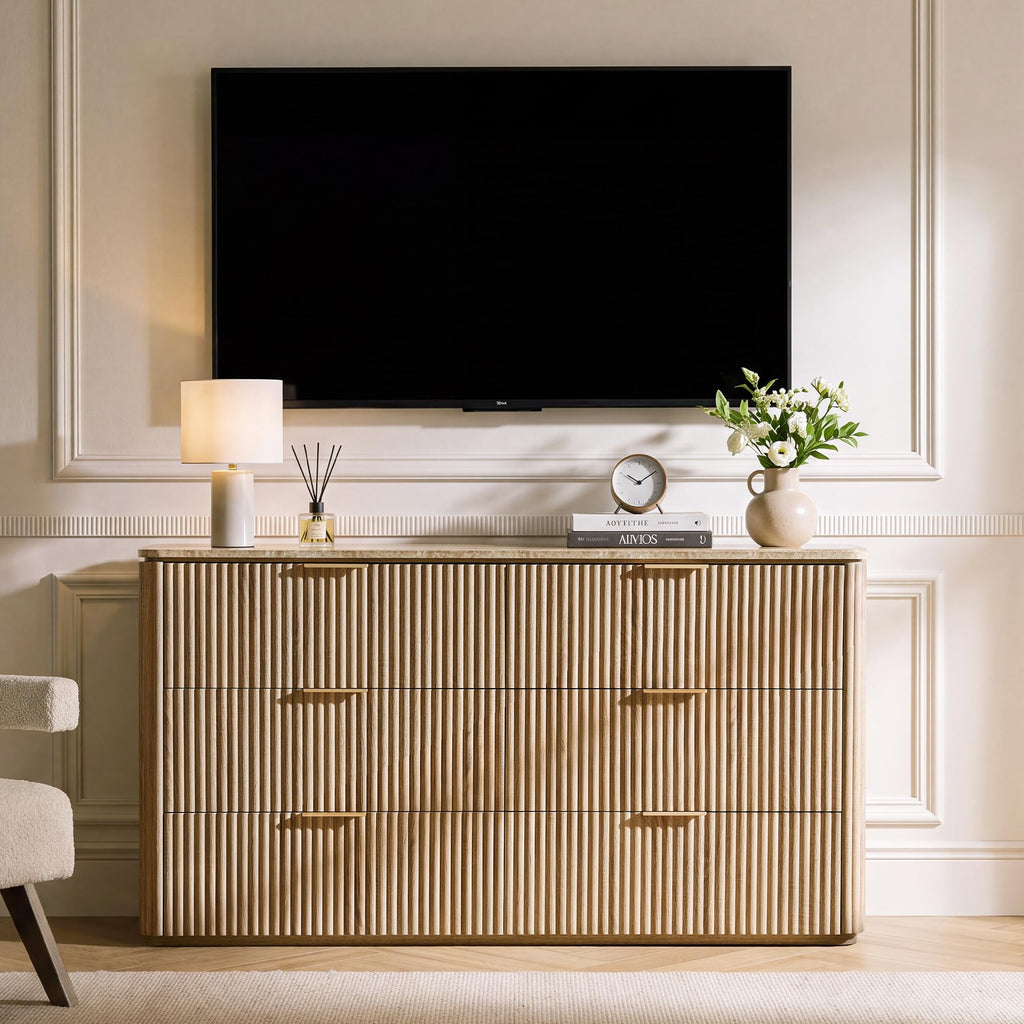 54"W Fluted 6 Drawer Bedroom Dresser, with Faux Marble Top, Natural Oak