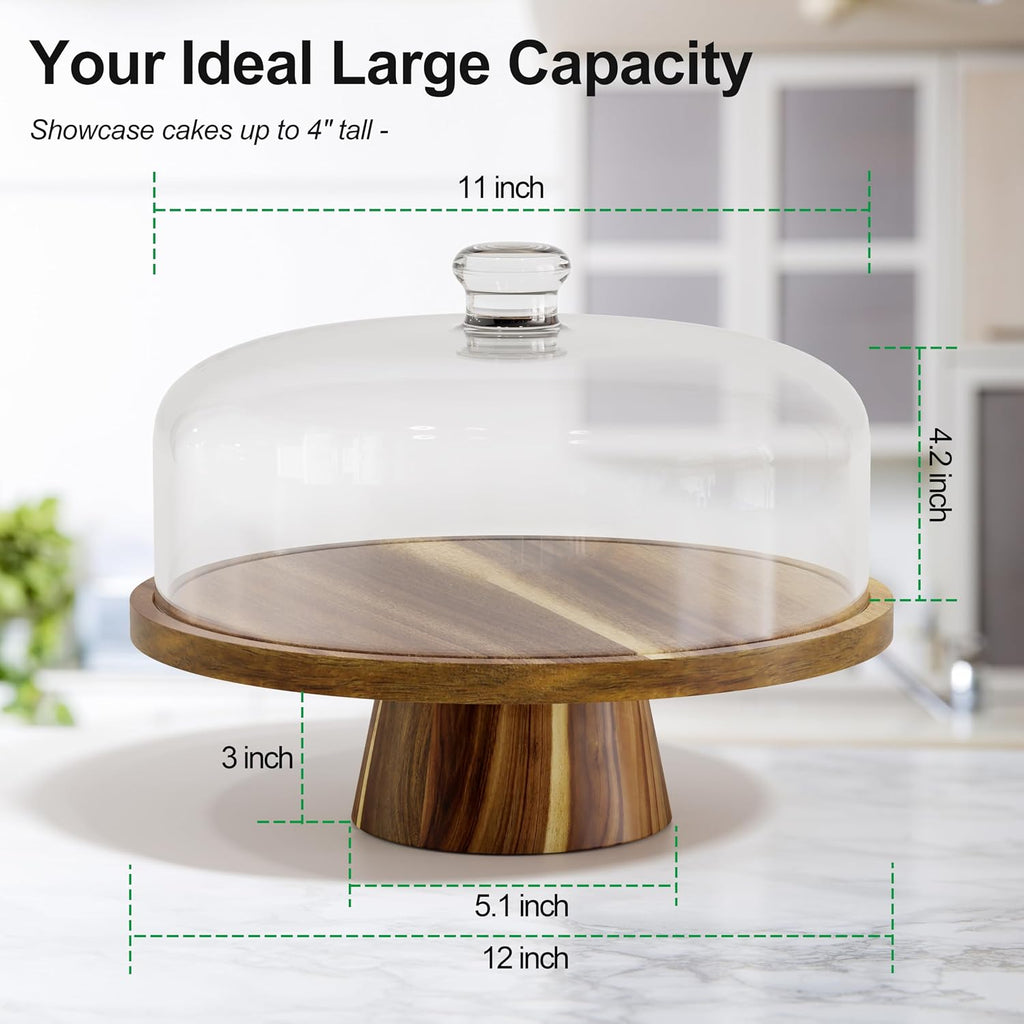 12 Inch Acacia Wood Cake Stand with Lid, 2-in-1 Wooden Cake Plate with Dome & Charcuterie Board, Round Cake Holder