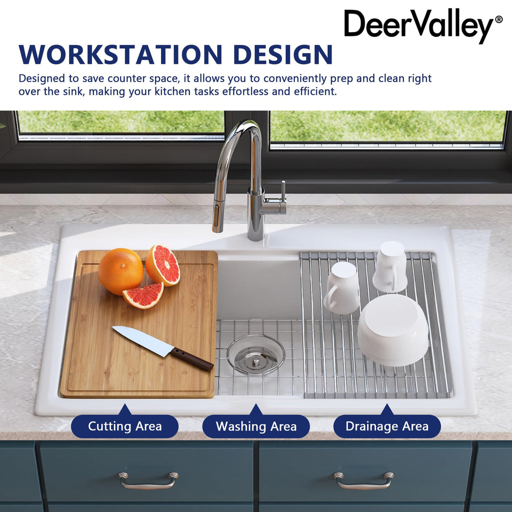 33 Inch Workstation Kitchen Sink White Undermount Farmhouse Sink