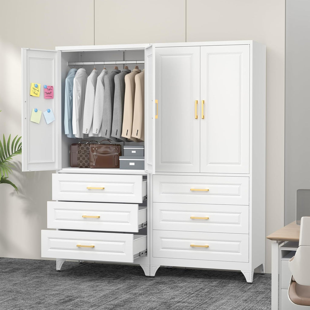 71" White Metal Armoire Wardrobe Closet with Doors and 3 Drawers | Freestanding Tall Steel Clothing Storage Cabinet