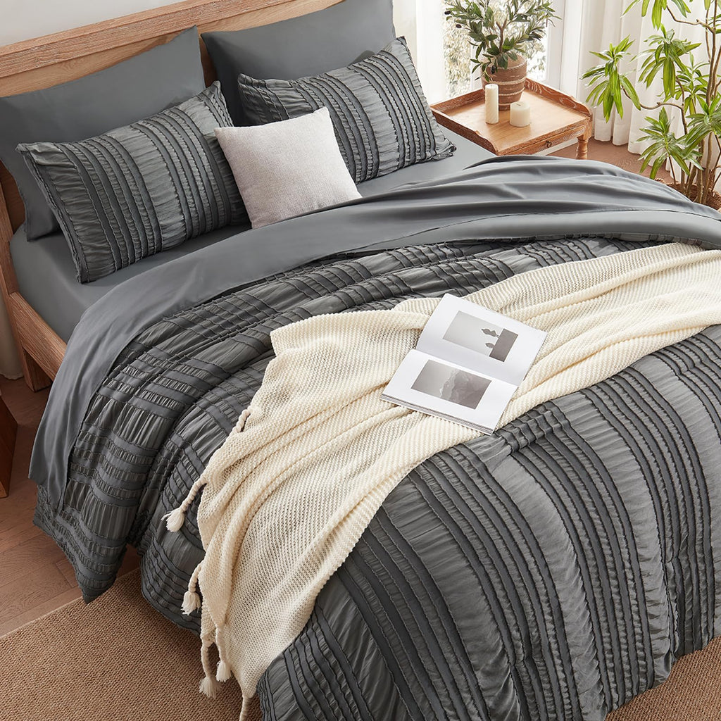 Dark Grey Tufted Textured Comforter Set, 7 Piece Bed in a Bag, Shabby Chic Boho Bedding Comforter, All