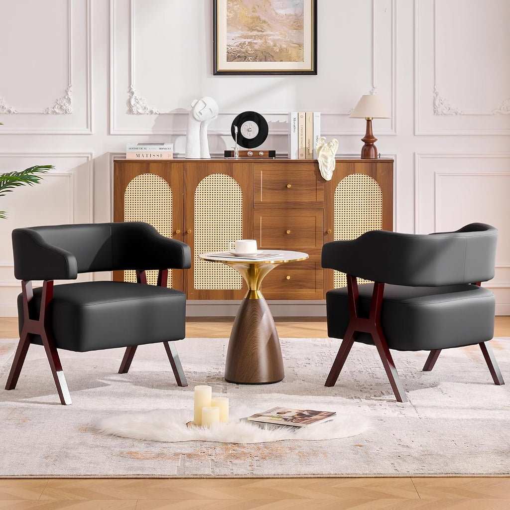 Barrel Accent Chairs, Leather Chair with Solid Wood Frame (2, Black) - Set of 2