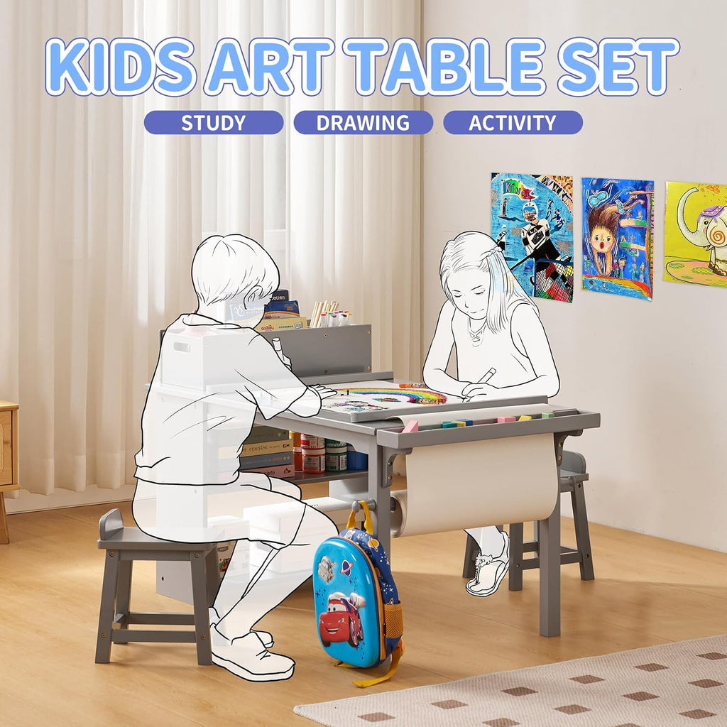 Kids Art Table and Chair Set with Paper Roll Holder, Toddler Craft Table with Storage Shelves, Side Supply Tray