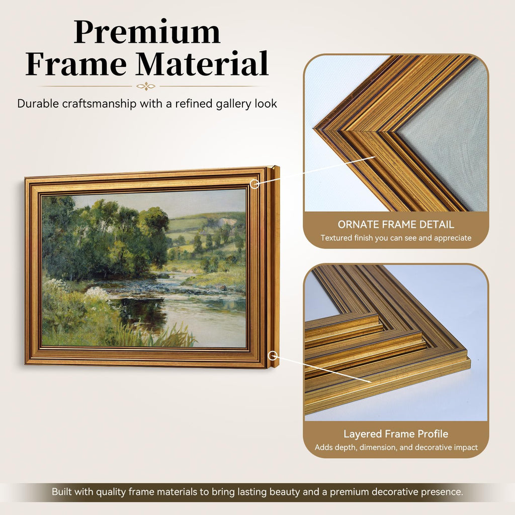Antique River Landscape Vintage Gold Framed Wall Art 12x16 inch