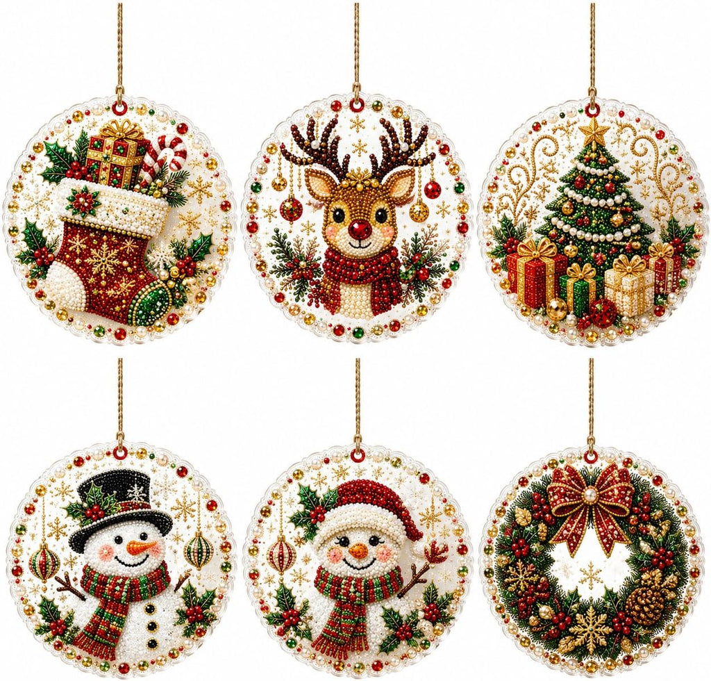 Christmas Wooden Ornaments DIY Pearl Diamond Painting Kit 11 - Set of 6