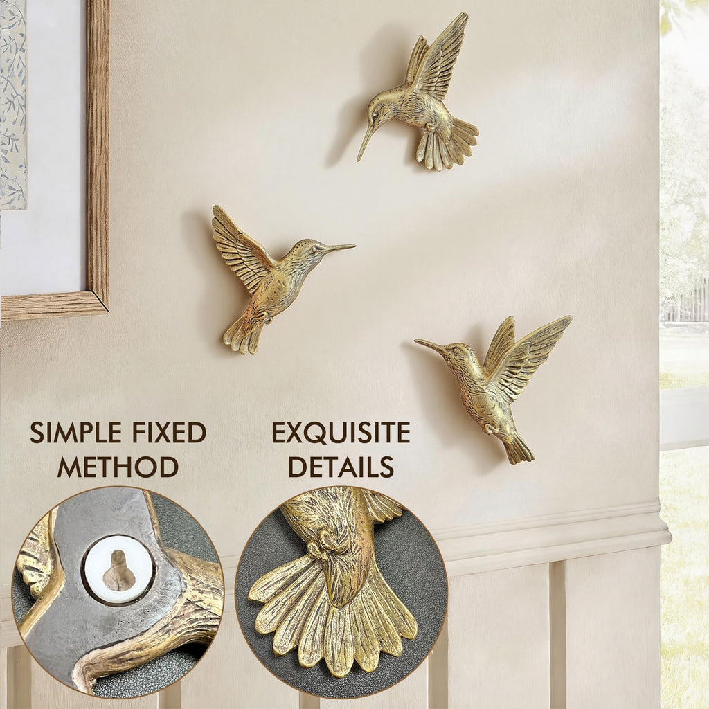 3D Hummingbird Wall Decor Set - Brass Resin Bird Wall Decor and Gallery Walls - Vintage Gold - Set of 3