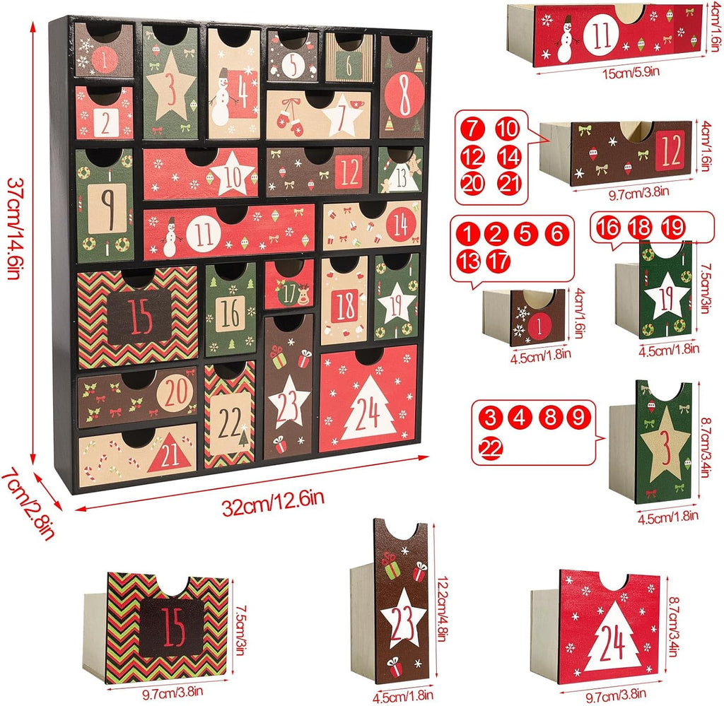 Wooden Advent Calendar to Fill, 14.6×12.6 Inch 24-Day Refillable Empty Christmas Countdown Calendar with Drawers