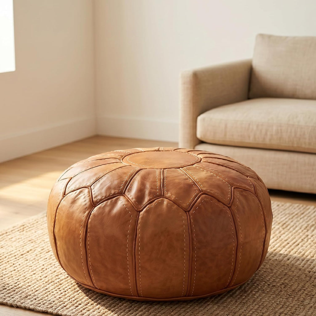 Leather Pouf Ottoman - Round Genuine Leather Footstool, Hand-Stitched Unstuffed Pouf Cover (Cognac Brown)