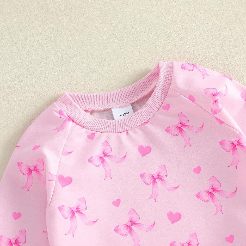 Toddler Baby Girl Outfit Clothes Fall Winter Bows Hearts Long Sleeve Sweatshirt Pullover Top and Pants Set