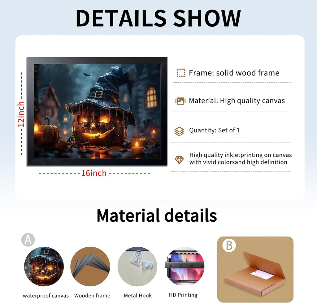 Wood Framed Dark Halloween Pumpkin Wall Art, Gothic Witch Hat Jack-o'-Lantern Canvas Print, Dark Academia Spooky