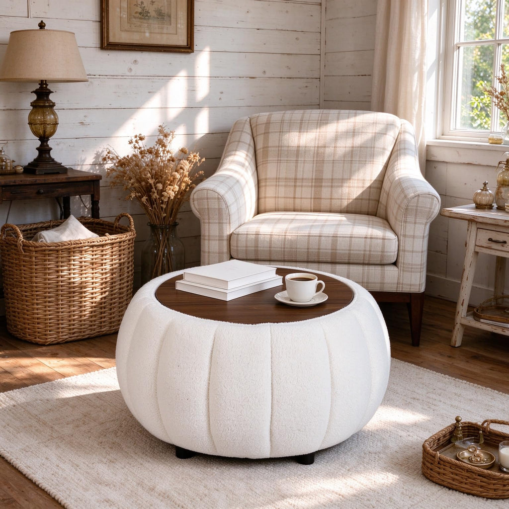 30 Inches Round Ottoman Coffee Table with Storage, Upholstered Ottoman in Boucle Teddy Fabric, Wooden Top As Tray