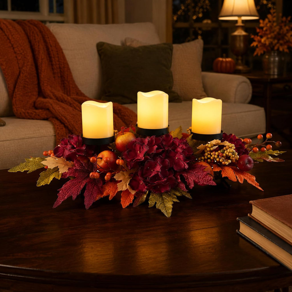 26 Inch Fall Candle Holder Centerpiece with Hydrangea and Apples