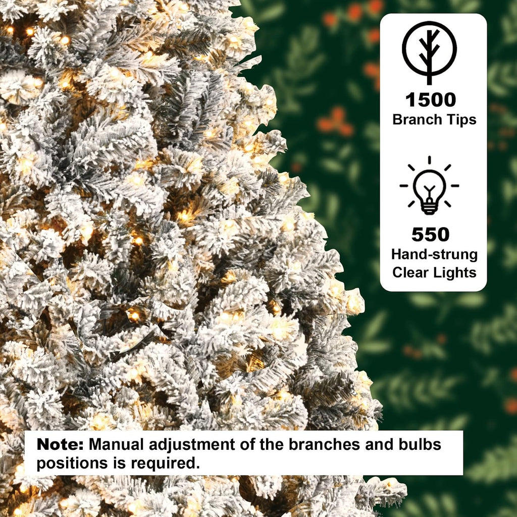 Snow Flocked Christmas Tree, Prelit Artificial Xmas Tree with 1500 Branch Tips and 550 Warm White Lights, Metal