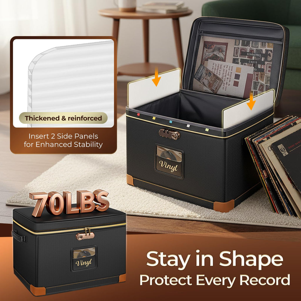 Vinyl Record Storage Box with Lock, Fireproof & Water-Resistant