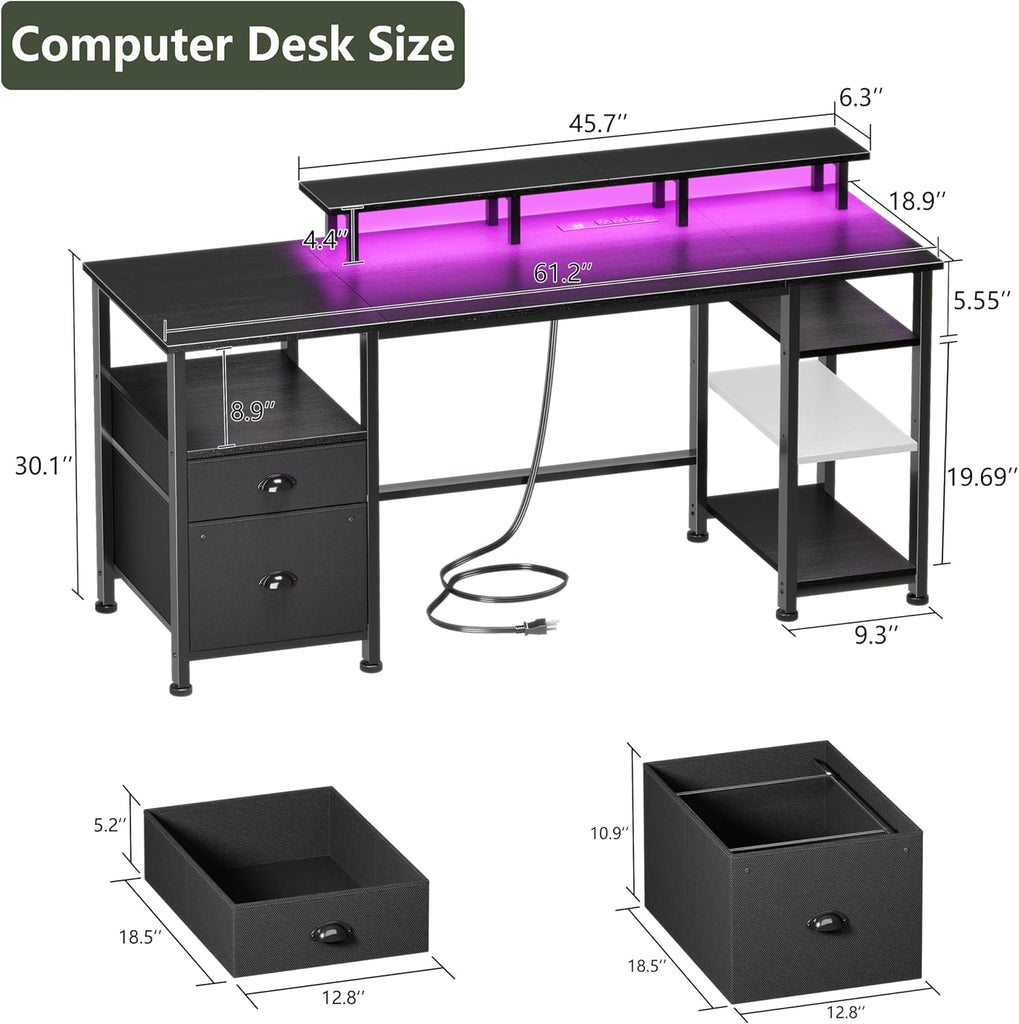 61" Gaming Desk with Outlets & LED, Large Computer Desk, Black | AC Outlets & USB, Ergonomic Monitor Stand, Drawer &