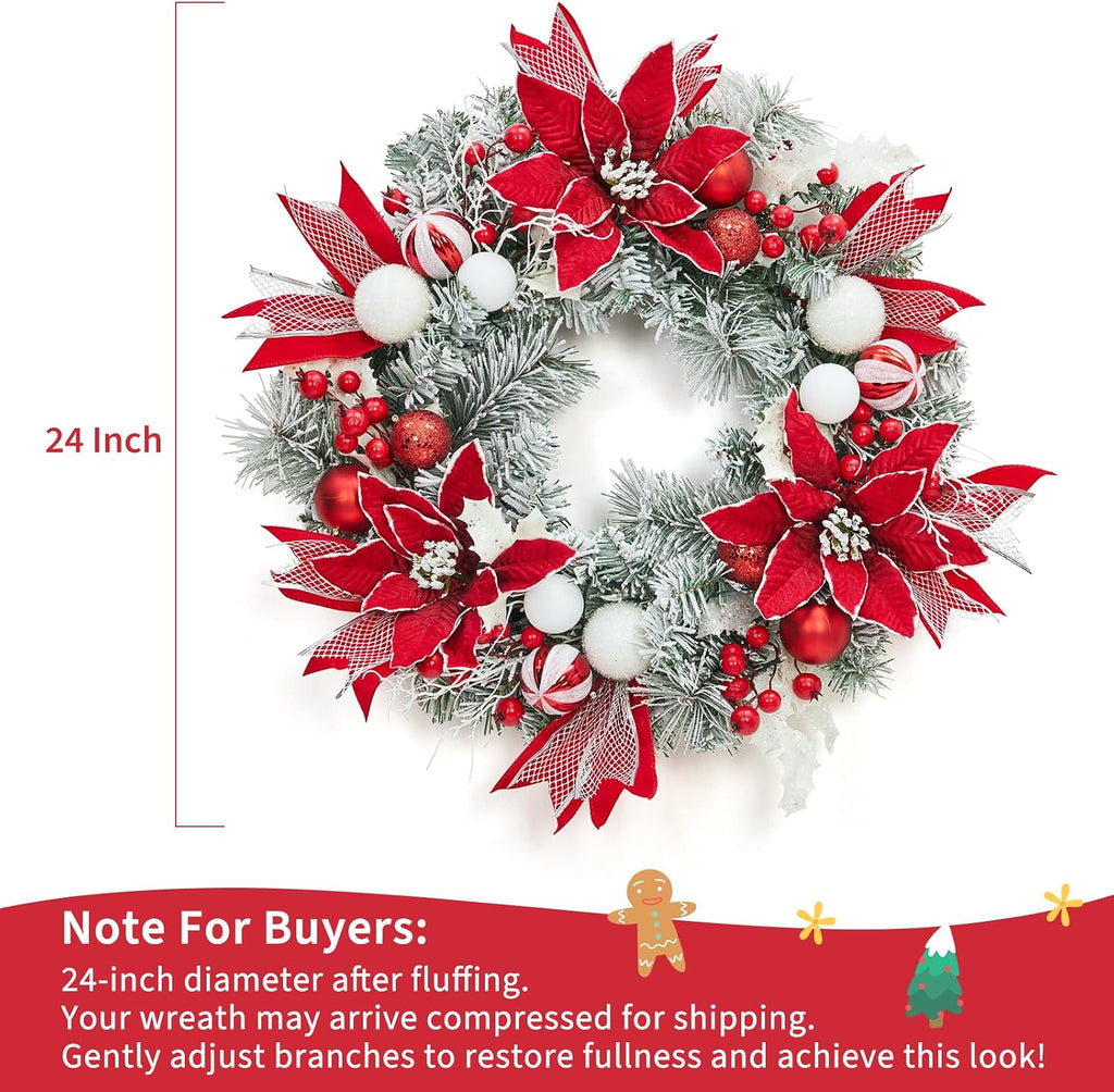 Pre-Lit Christmas Wreath for Front Door, 24 Inch Large Xmas Wreath for Holiday Decor, Battery Operated Xmas Lighted