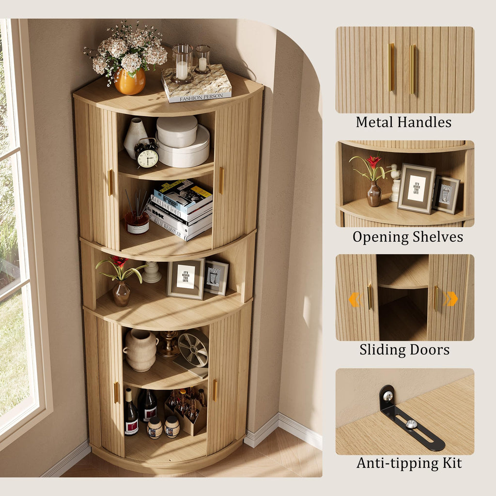 65.8'' Tall Corner Storage Cabinet with Fluted Sliding Doors, Wine Bar Cabinet with Storage, Mid-century Modern